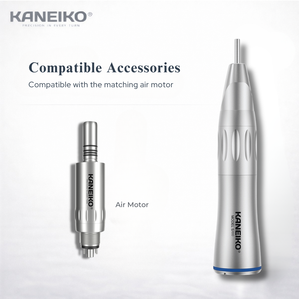 Kaneiko Model S100 non-optic straight low-speed dental handpiece shown with a compatible air motor for chairside and laboratory procedures.