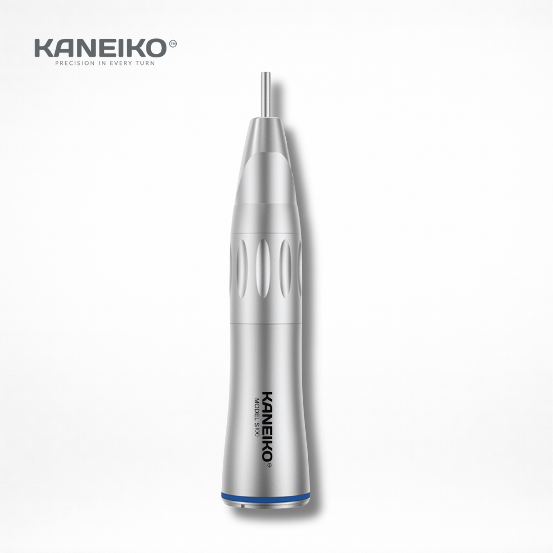 Kaneiko Model S100 non-optic straight low-speed dental handpiece with stainless steel body and Ø2.35 mm HP bur compatibility.