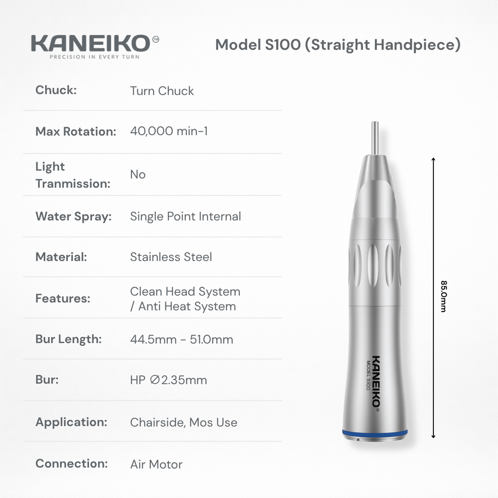 Kaneiko Model S100 non-optic straight low-speed dental handpiece with internal water spray, turn chuck and Ø2.35 mm HP bur compatibility.