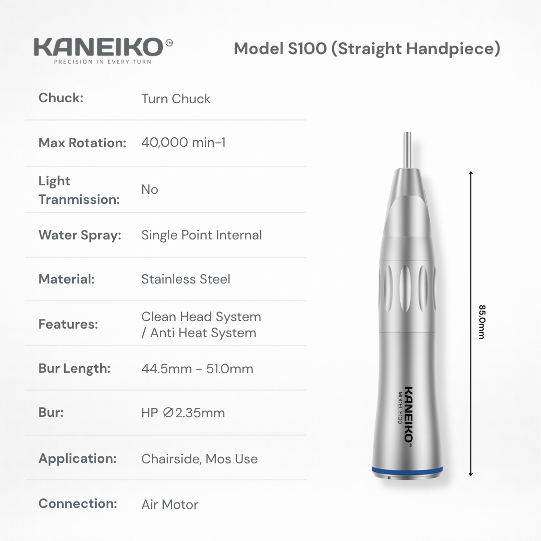 Kaneiko Model S100 non-optic straight low-speed dental handpiece with internal water spray, turn chuck and Ø2.35 mm HP bur compatibility.