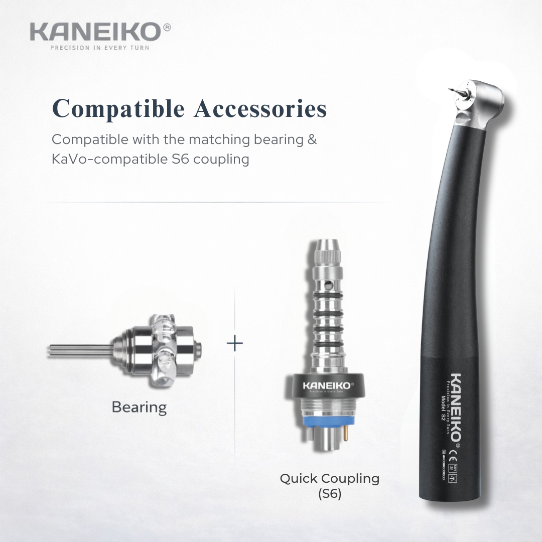 Kaneiko Model S2 pediatric high-speed dental handpiece with compatible turbine bearing and Sirona-compatible S6 quick coupling.