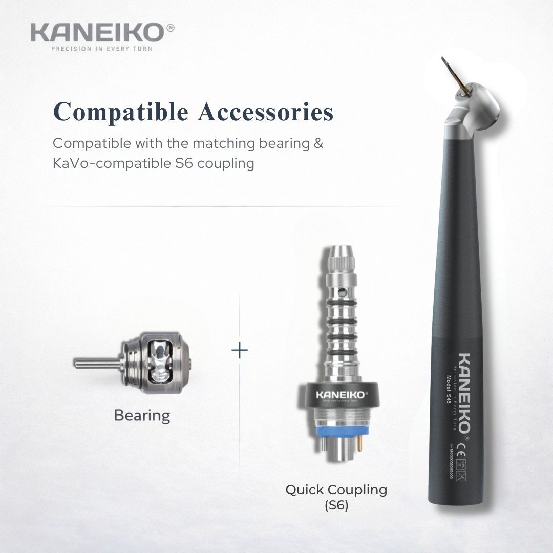Kaneiko Model S45 45-degree high-speed surgical handpiece with compatible turbine bearing and Sirona-compatible S6 quick coupling.