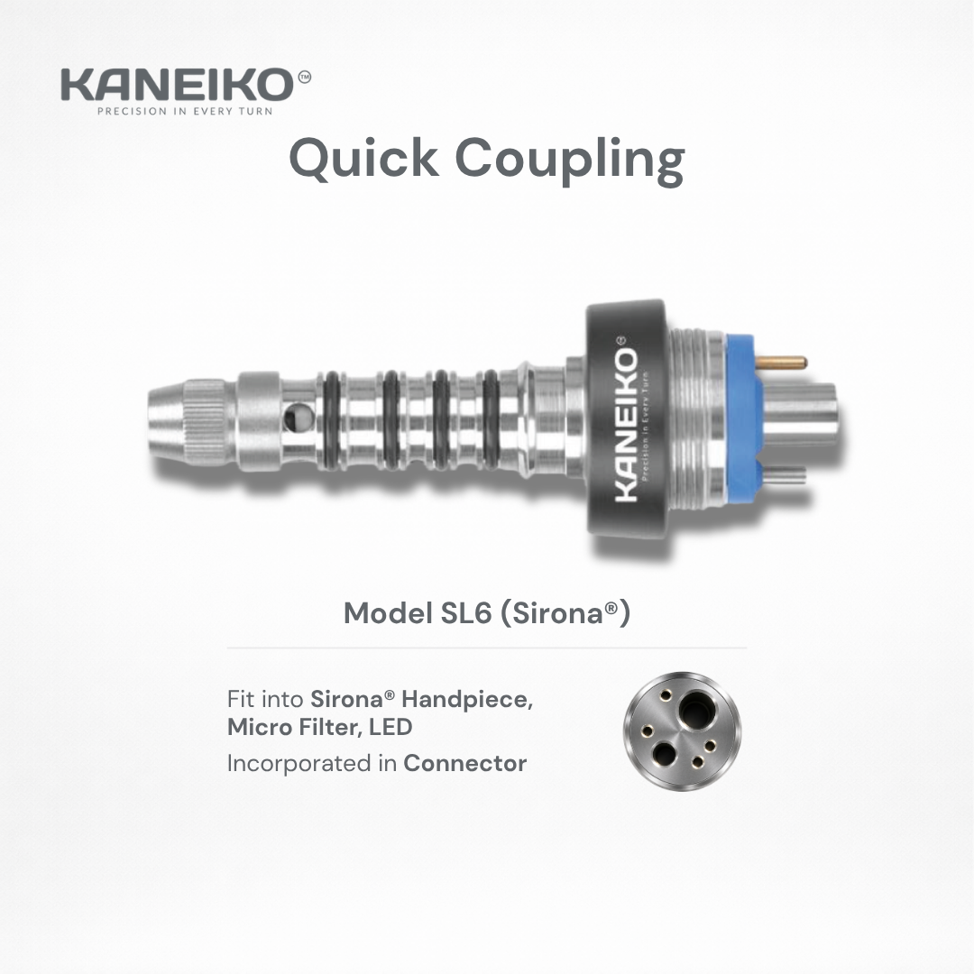 Kaneiko SL6 dental quick coupling for compatible Sirona handpieces with integrated LED, microfilter and secure six-pin connector configuration.