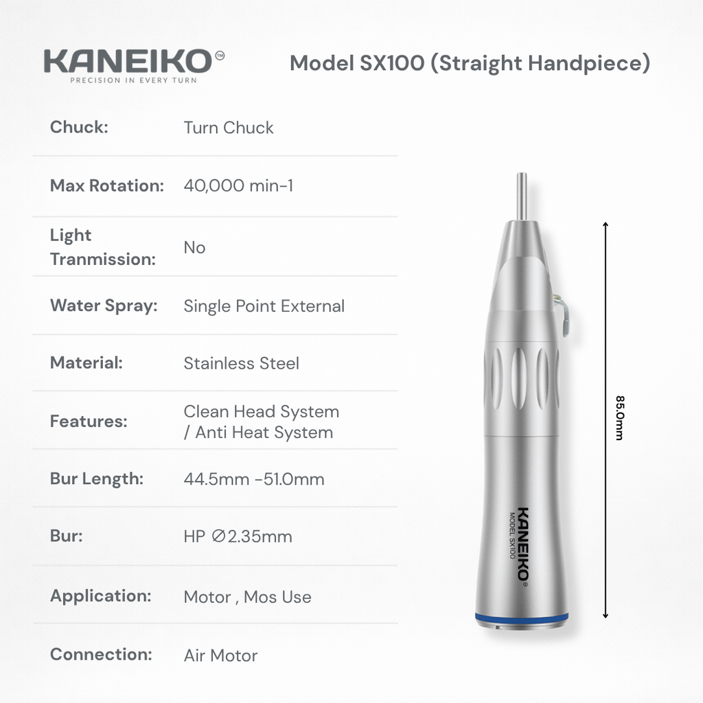 Kaneiko Model SX100 non-optic straight low-speed handpiece with external water spray, turn chuck and Ø2.35 mm HP bur compatibility.