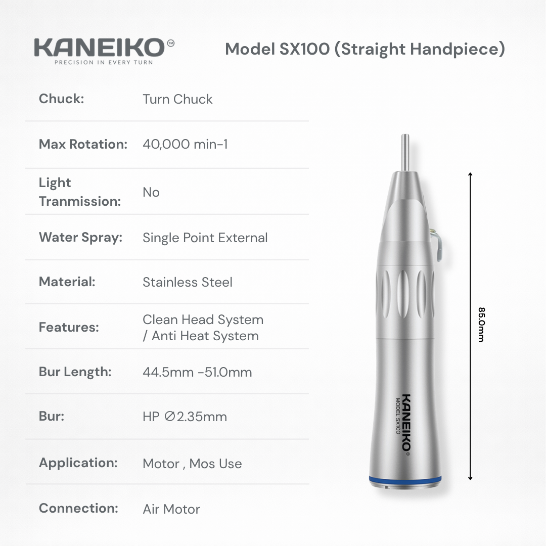 Kaneiko Model SX100 non-optic straight low-speed handpiece with external water spray, turn chuck and Ø2.35 mm HP bur compatibility.