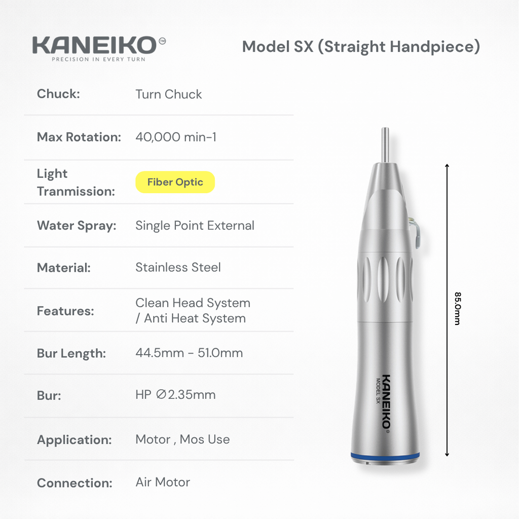Kaneiko Model SX fibre-optic straight low-speed handpiece with external water spray, stainless steel body and Ø2.35 mm HP bur compatibility.