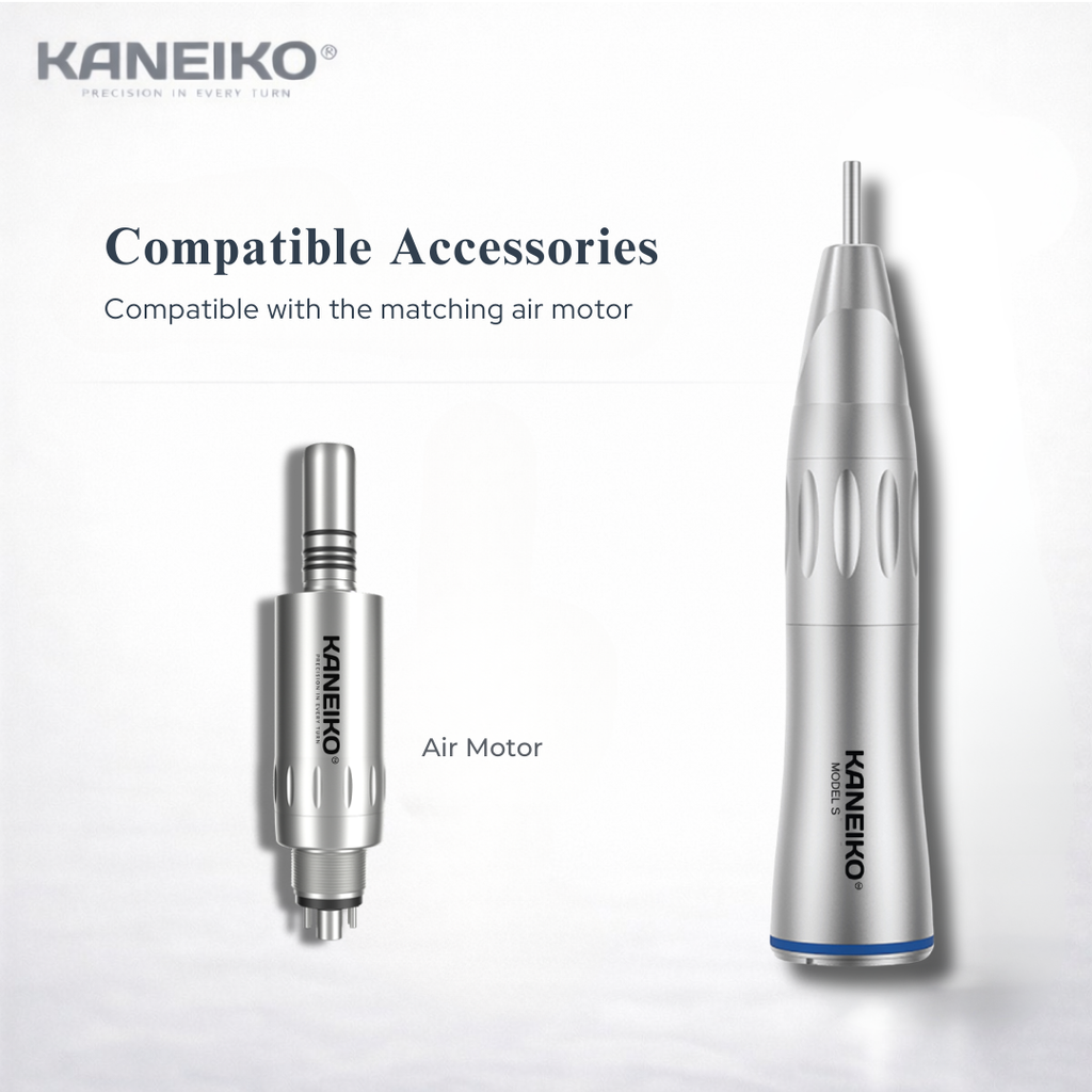 Kaneiko Model S fibre-optic straight low-speed dental handpiece shown with a matching air motor for controlled chairside and laboratory use.