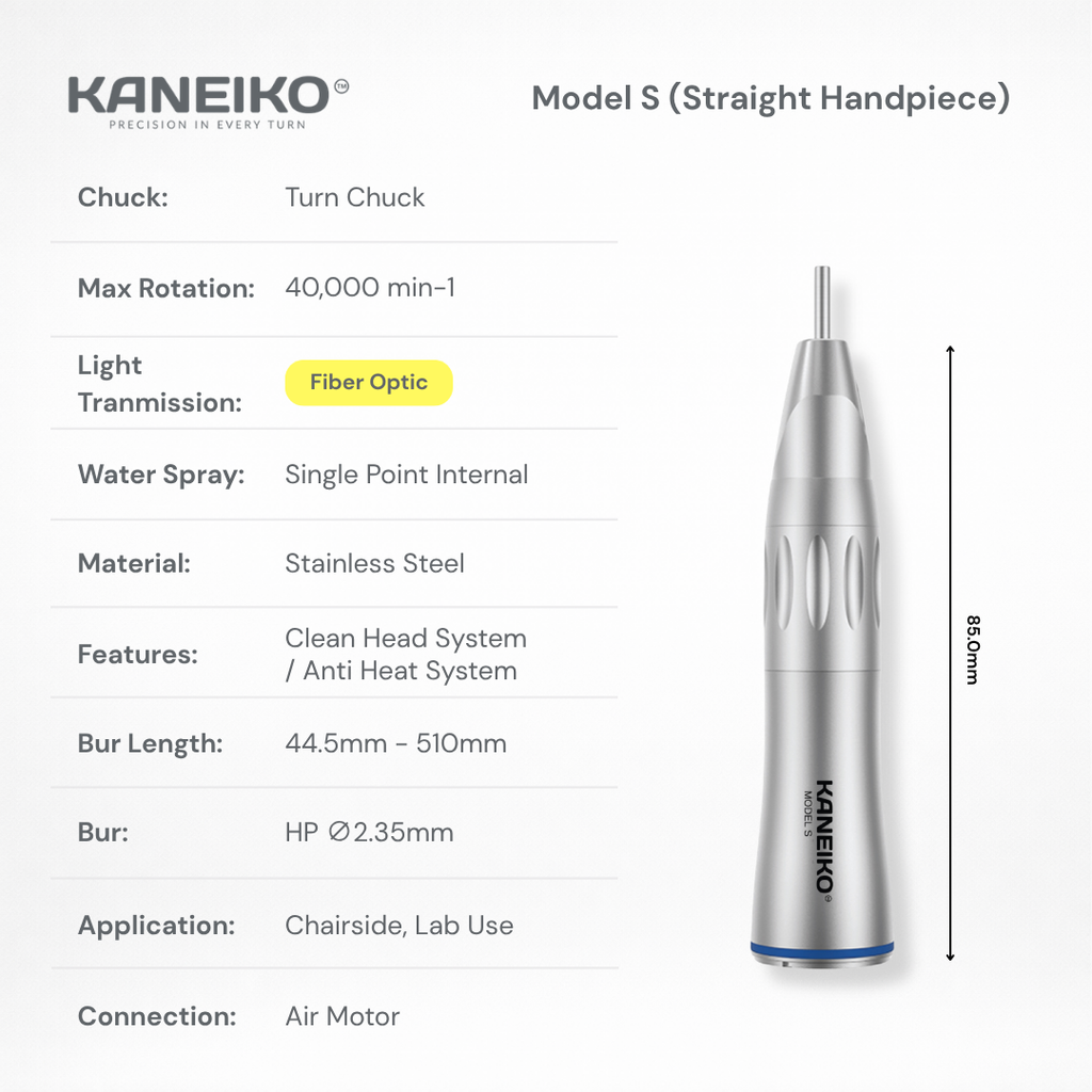Kaneiko Model S fibre-optic straight low-speed dental handpiece with internal water spray, stainless steel body and Ø2.35 mm HP bur compatibility.
