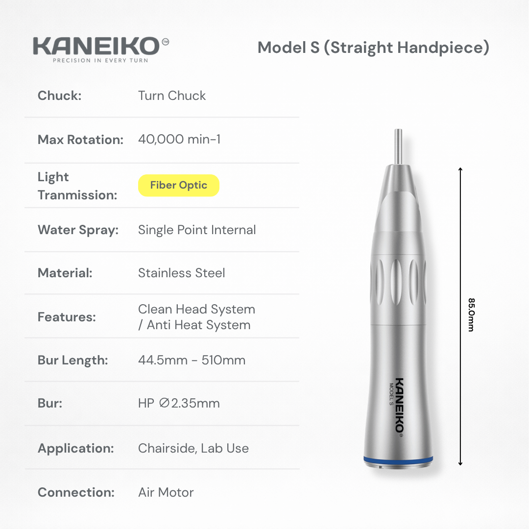Kaneiko Model S fibre-optic straight low-speed dental handpiece with internal water spray, stainless steel body and Ø2.35 mm HP bur compatibility.