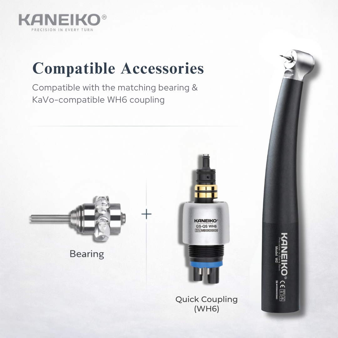 Kaneiko Model W2 pediatric high-speed dental handpiece with compatible turbine bearing and W&H-compatible WH6 quick coupling.