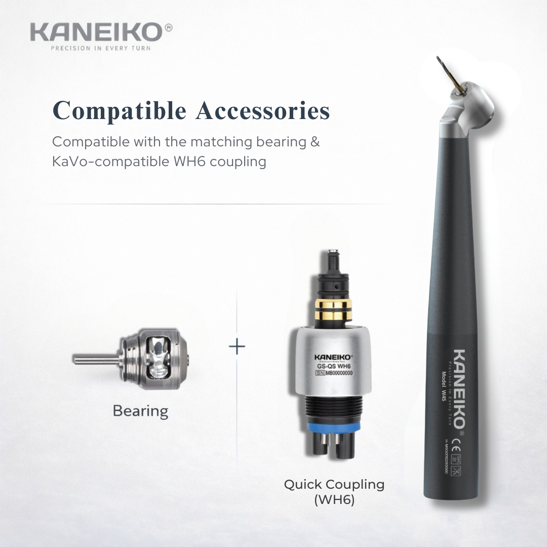 Kaneiko Model W45 45-degree high-speed surgical handpiece with compatible turbine bearing and W&H-compatible WH6 quick coupling.
