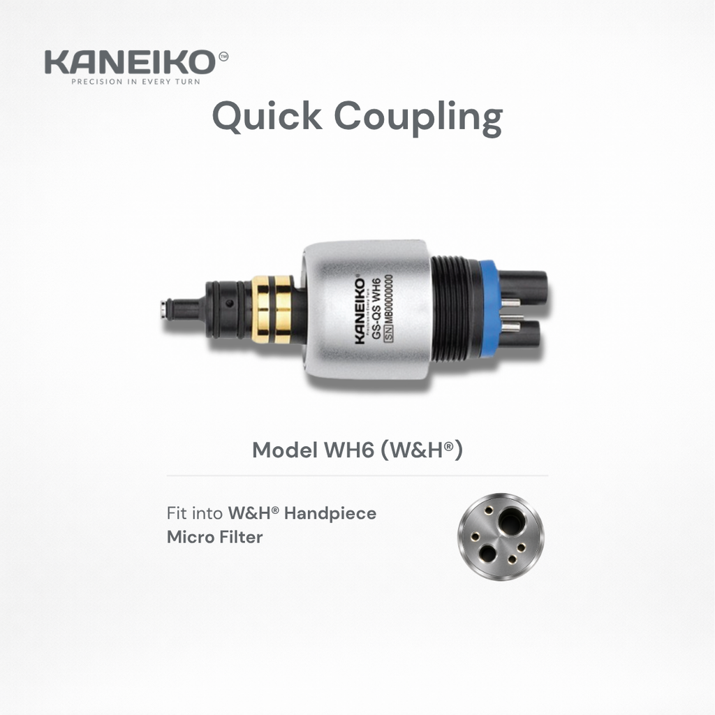 Kaneiko WH6 dental quick coupling for compatible W&H handpieces with microfilter and secure six-pin dental unit connection.