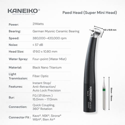 Kaneiko Paed Head(super-mini-head) high-speed dental handpiece with fiber optics, four-point water spray and short Ø1.6 mm FG bur compatibility.