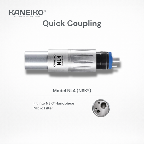 Kaneiko NL4 dental quick coupling for compatible NSK handpieces with microfilter, secure four-pin connection and streamlined stainless steel construction.