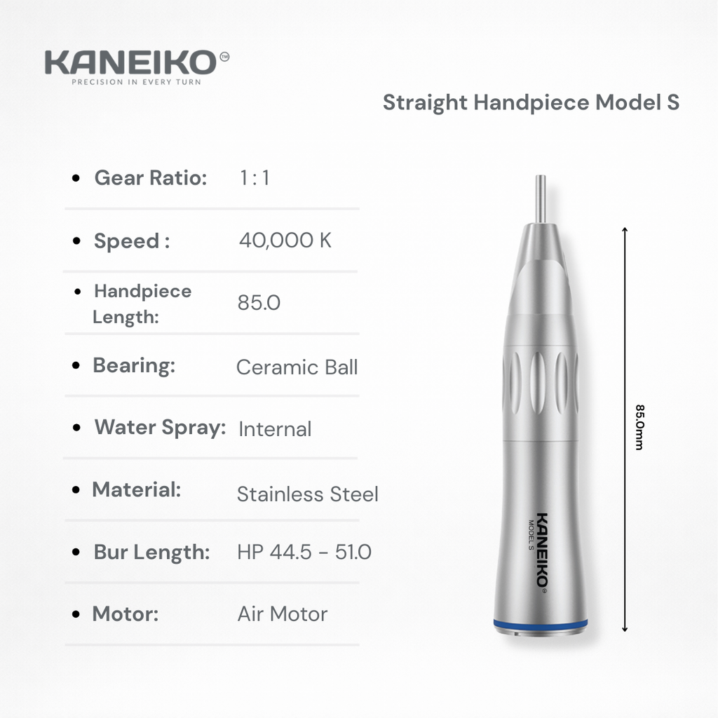 Kaneiko Straight Handpiece Model S with specifications on a white background