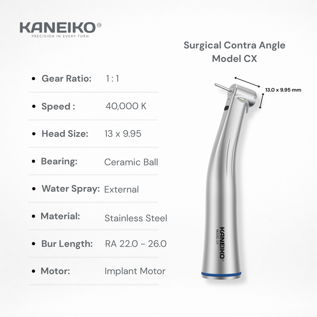 Kaneiko Surgical Contra Angle Model CX handpiece with specifications on a white background