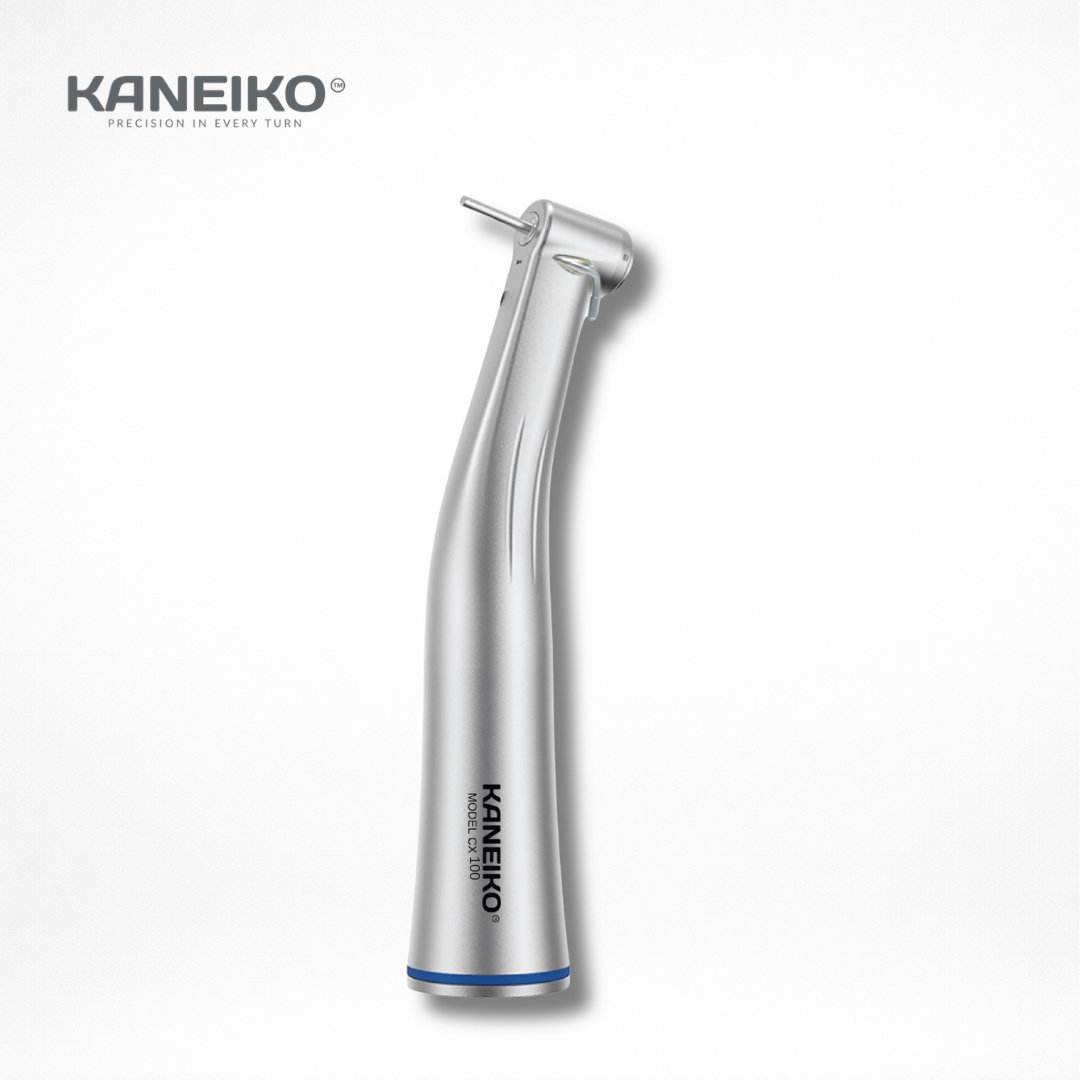 Kaneiko CX100 1:1 surgical contra-angle handpiece with external water spray and non-light design for controlled oral surgical procedures.
