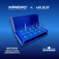 Kaneiko x MR.BUR Surgical Crown Lengthening Kit FG featuring assorted dental burs for periodontal surgery, tooth preparation and finishing.