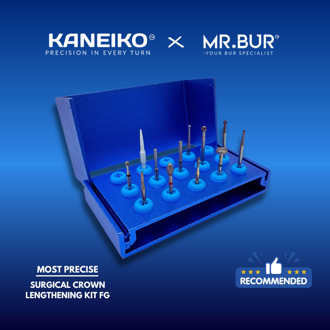 Kaneiko x MR.BUR Surgical Crown Lengthening Kit FG featuring assorted dental burs for periodontal surgery, tooth preparation and finishing.