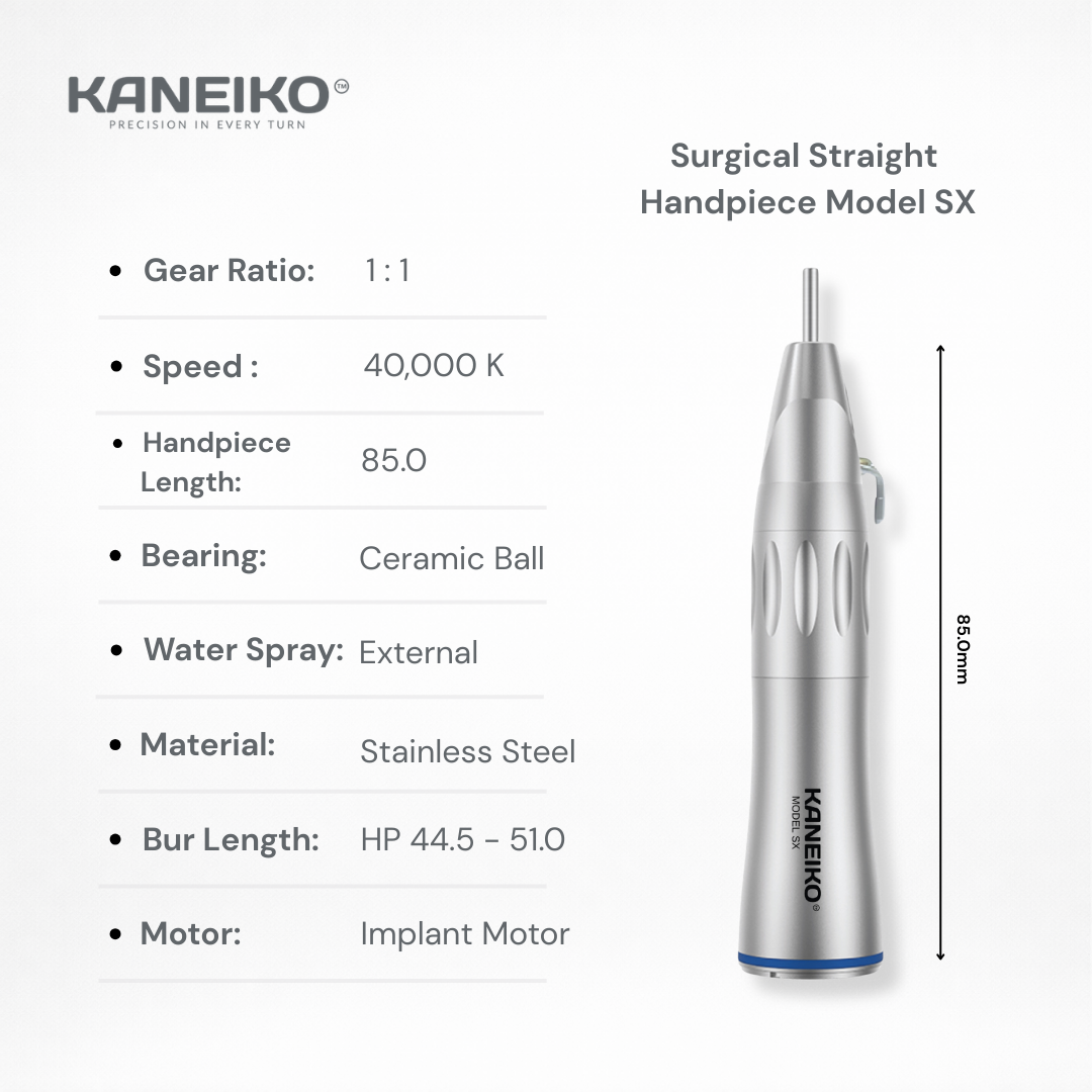 Kaneiko Surgical Straight Handpiece Model SX with specifications on a white background