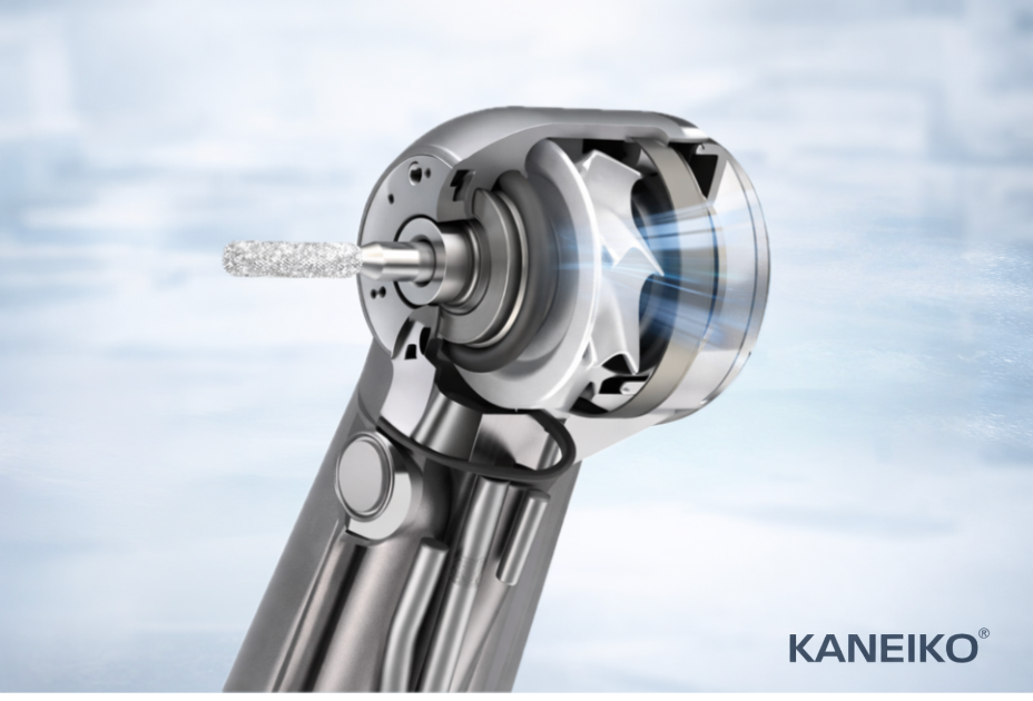 Close-up of a Kaneiko air turbine handpiece on a light blue background