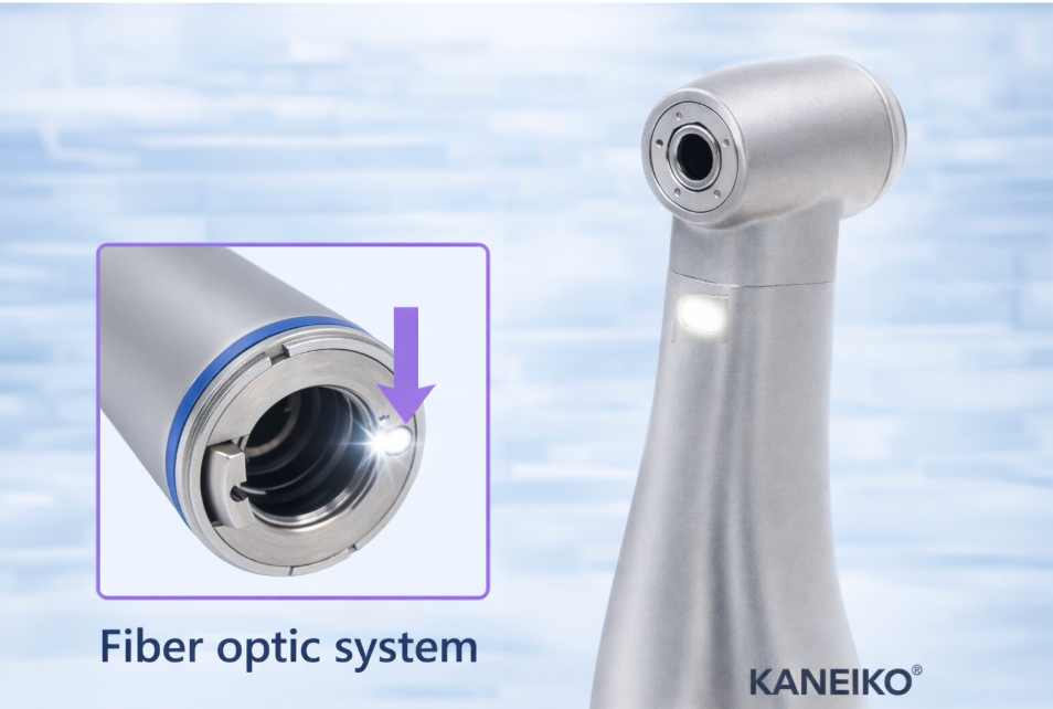 Kaneiko dental tool with fiber optic system highlighted on a light blue background