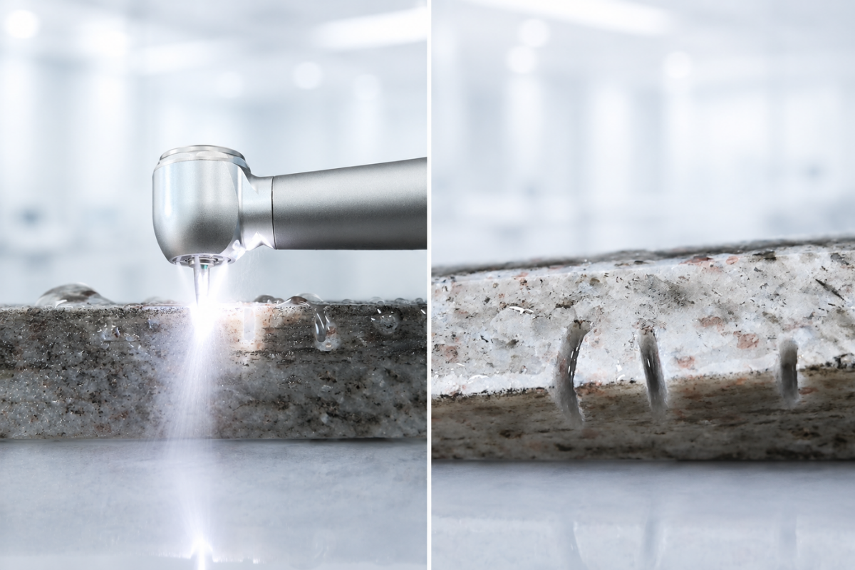 Close-up of  handpiece is cutting and water flow on a blurred background