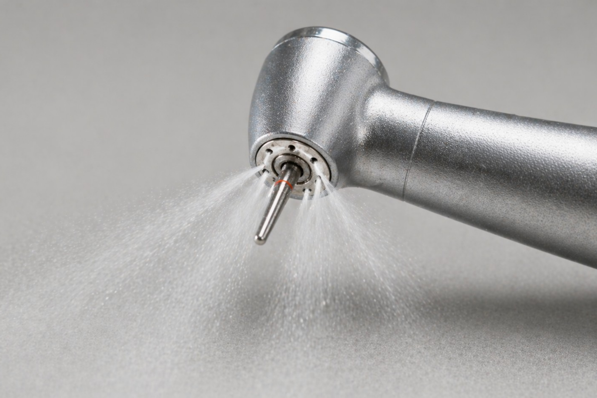 Kaneiko dental handpiece cooling system showing proper water spray from head outlets