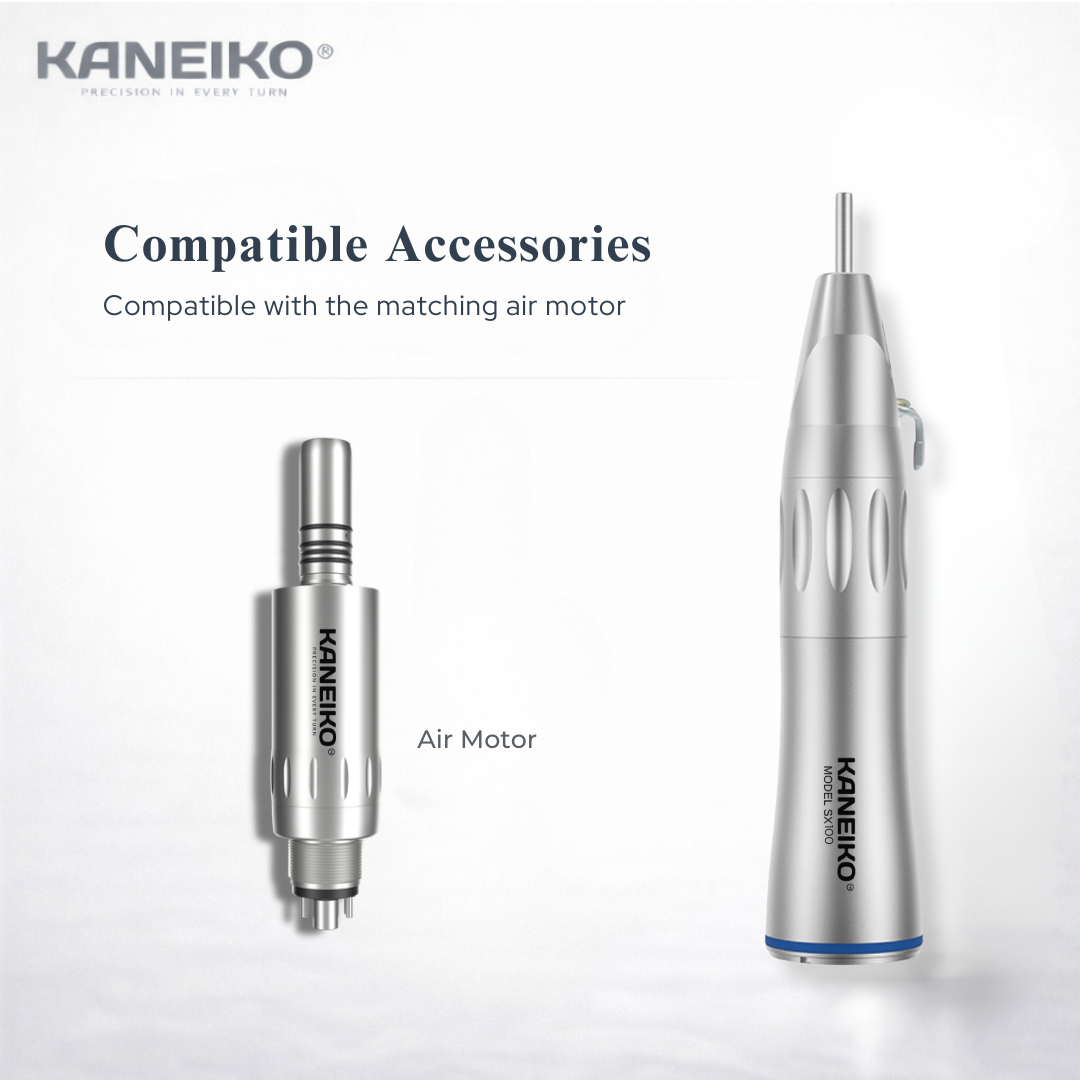 Kaneiko Model SX100 straight low-speed dental handpiece shown with a matching air motor for compatible motor and MOS applications.