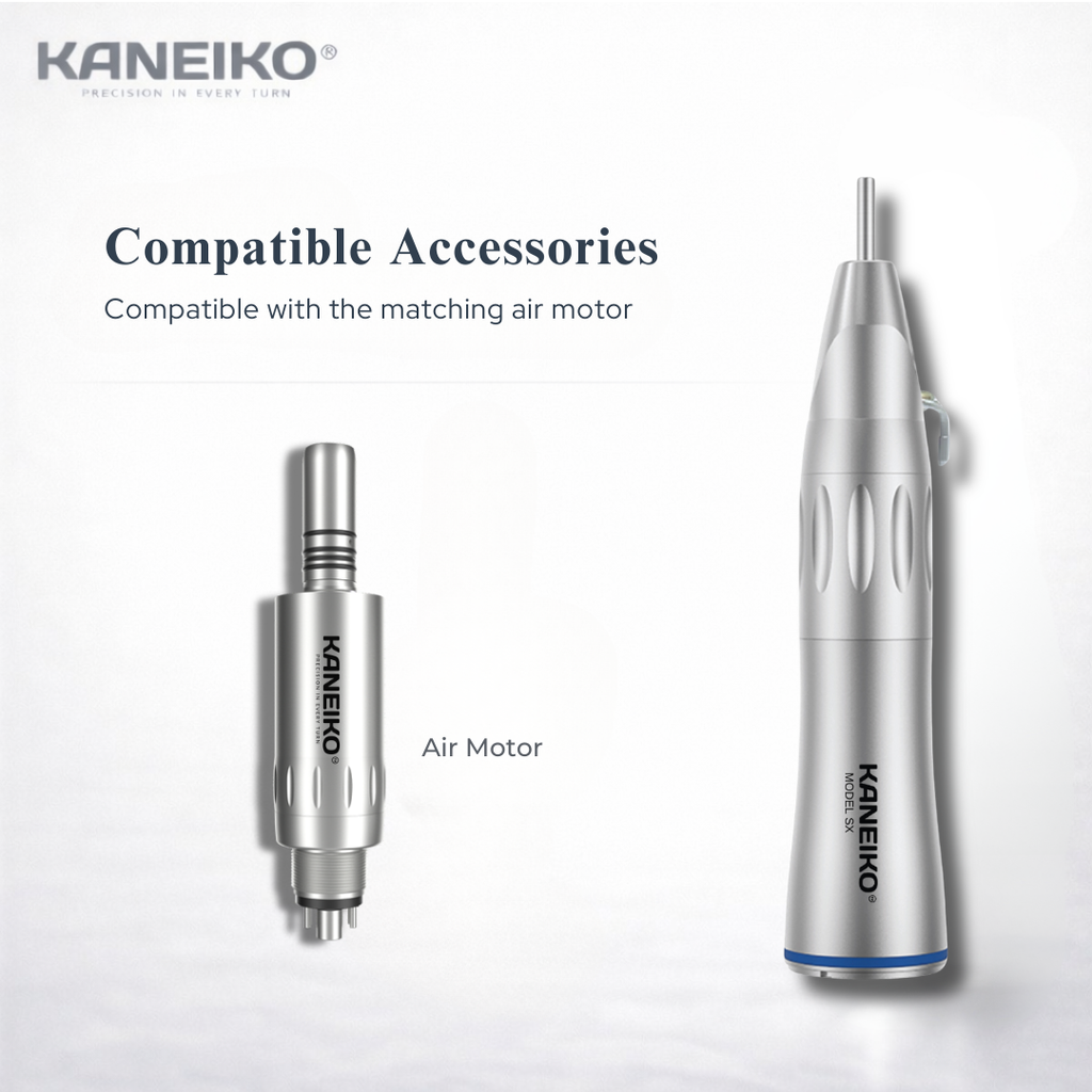 Kaneiko Model SX straight dental handpiece shown with its matching low-speed air motor connection.