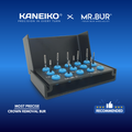 Kaneiko and Mr. Bur dental bur holder with crown removal burs on a blue background