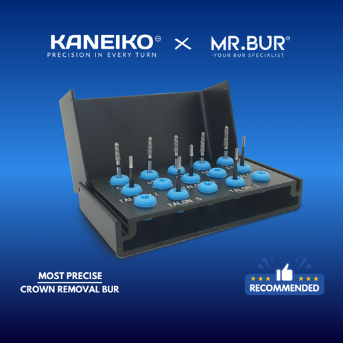 Kaneiko and Mr. Bur dental bur holder with crown removal burs on a blue background