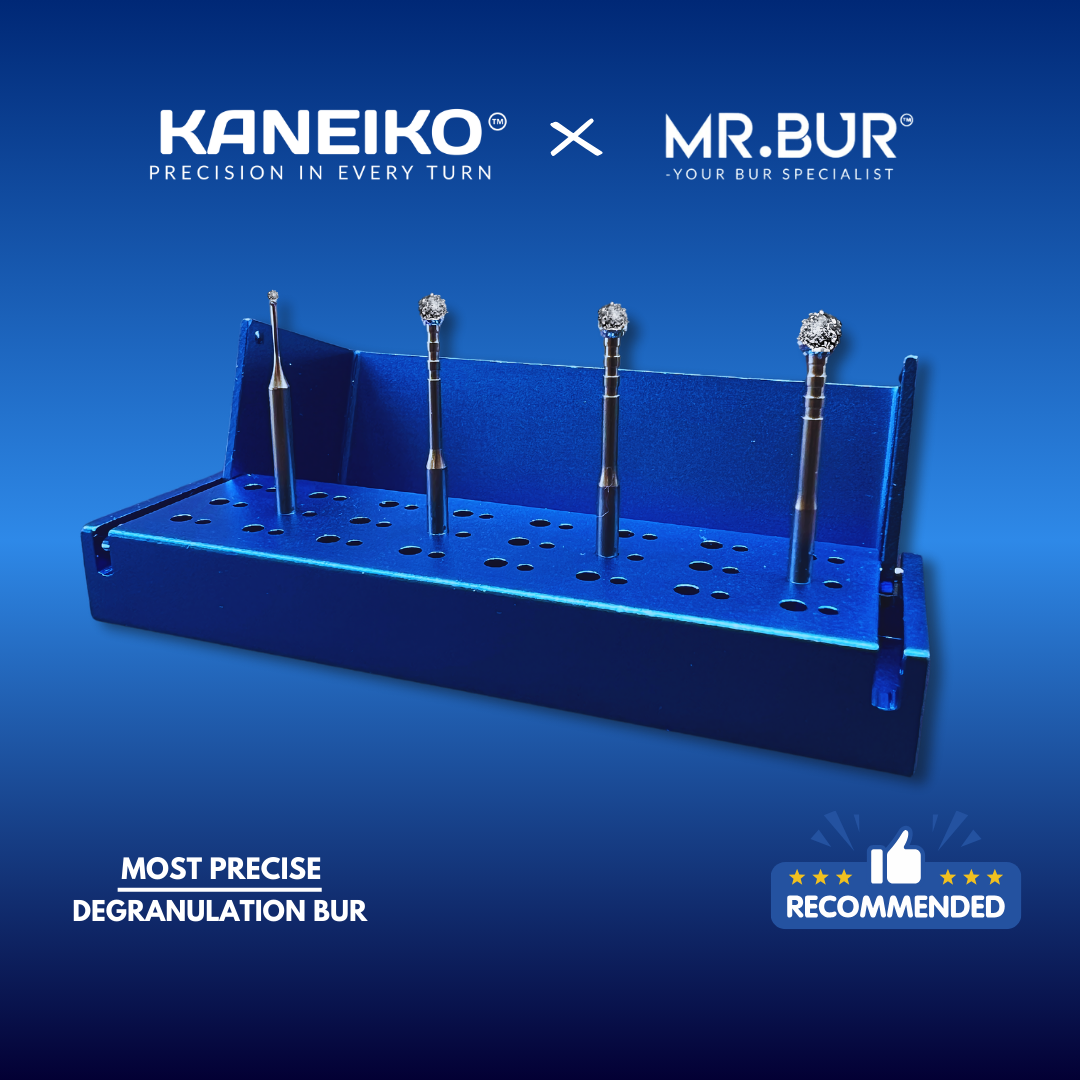 Blue bur holder with degranulation burs on a blue background, featuring Kaneiko and Mr. Bur logos.