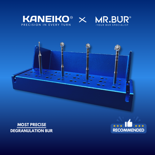 Blue bur holder with degranulation burs on a blue background, featuring Kaneiko and Mr. Bur logos.