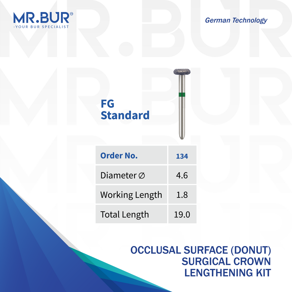 MR.BUR Donut Diamond Bur 134, 4.6 mm diameter, for occlusal surface reduction and contouring during crown preparation.