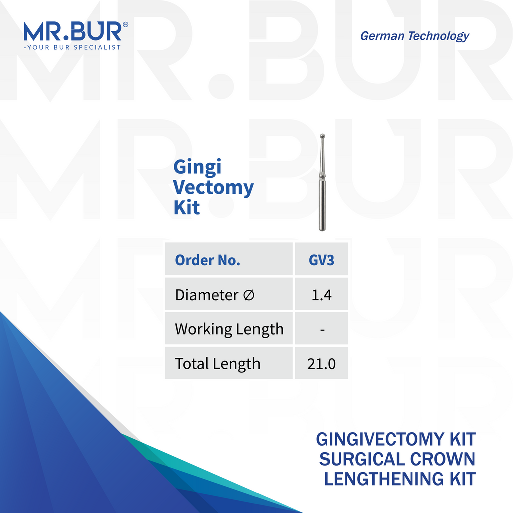 MR.BUR Gingivectomy Bur GV3, 1.4 mm diameter, for gingival tissue contouring during periodontal crown lengthening procedures.