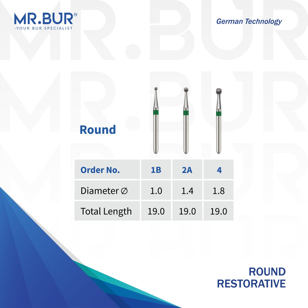 MR.BUR dental bur products with specifications on a white background