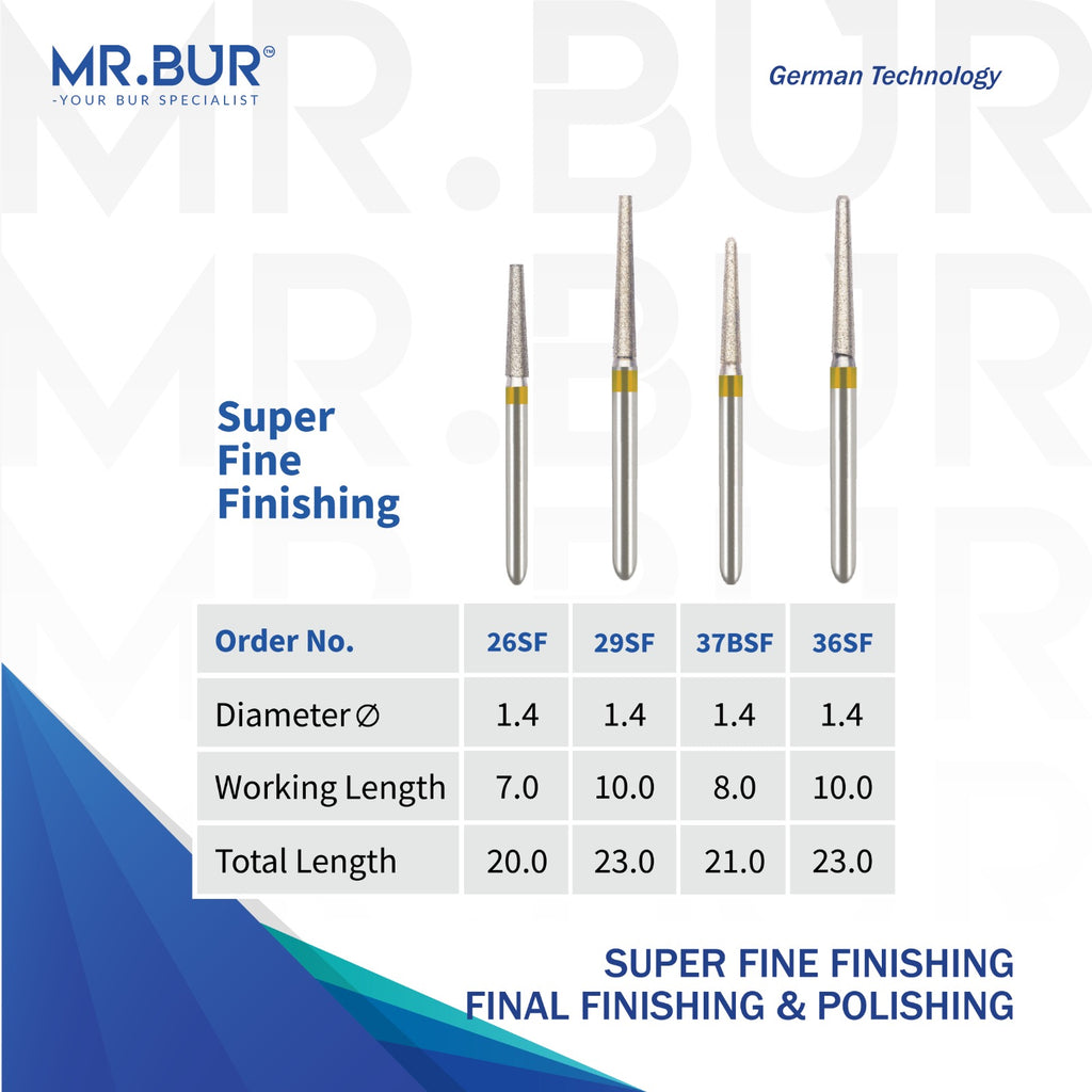 MR.BUR dental bur products with specifications on a white background