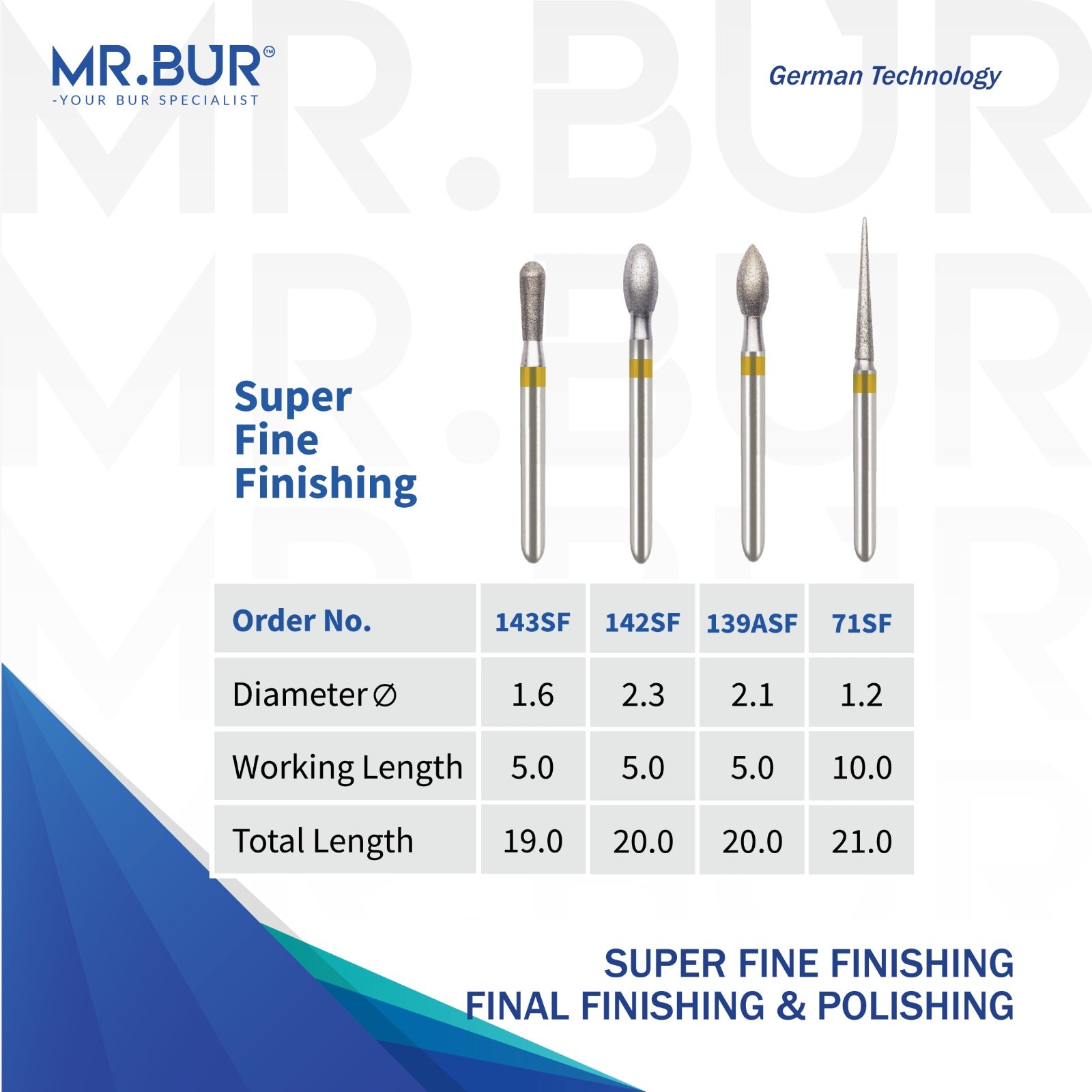 MR.BUR dental bur products with specifications on a white background