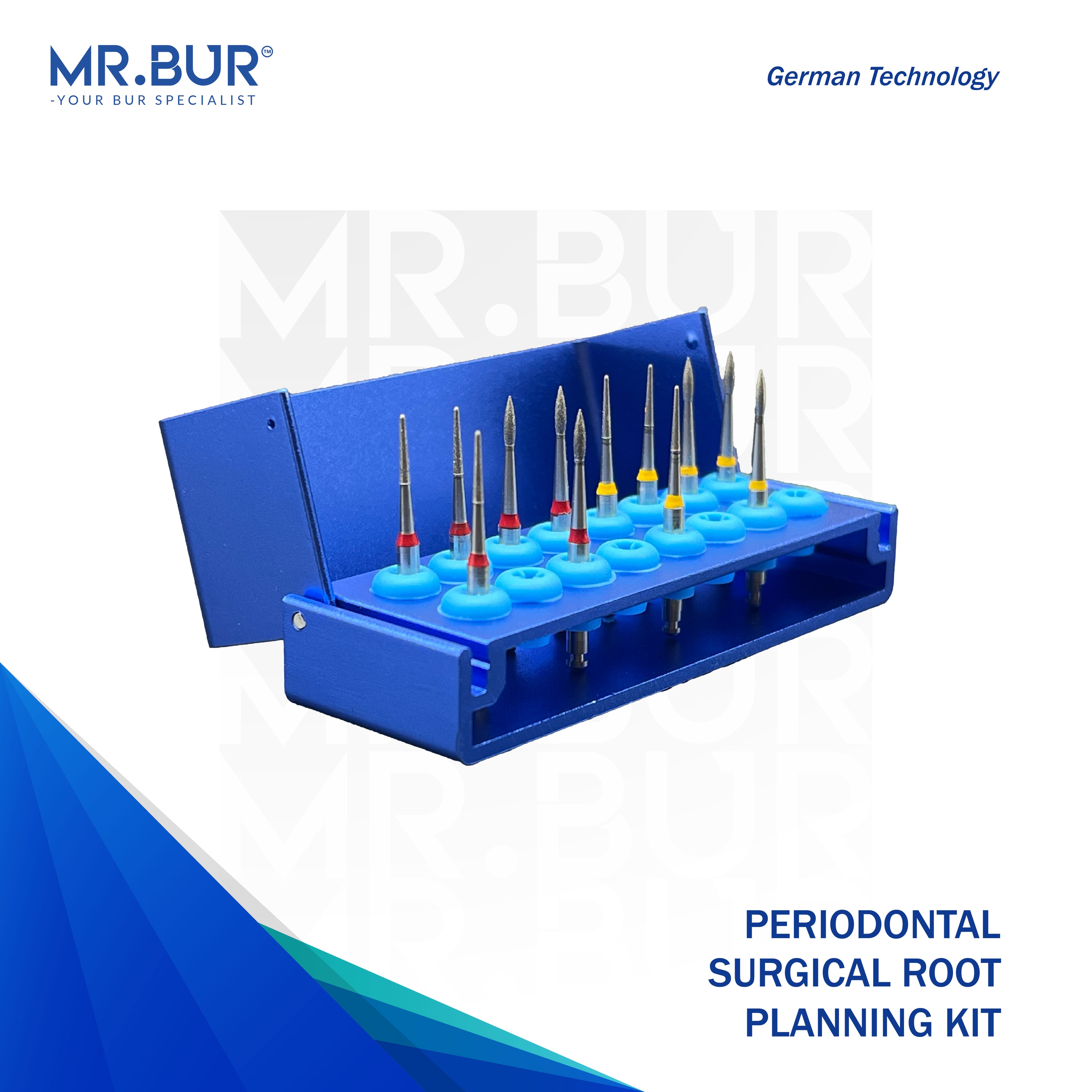 Periodontal surgical root planning kit with blue holder and dental tools on a white background, featuring MR. BUR branding.