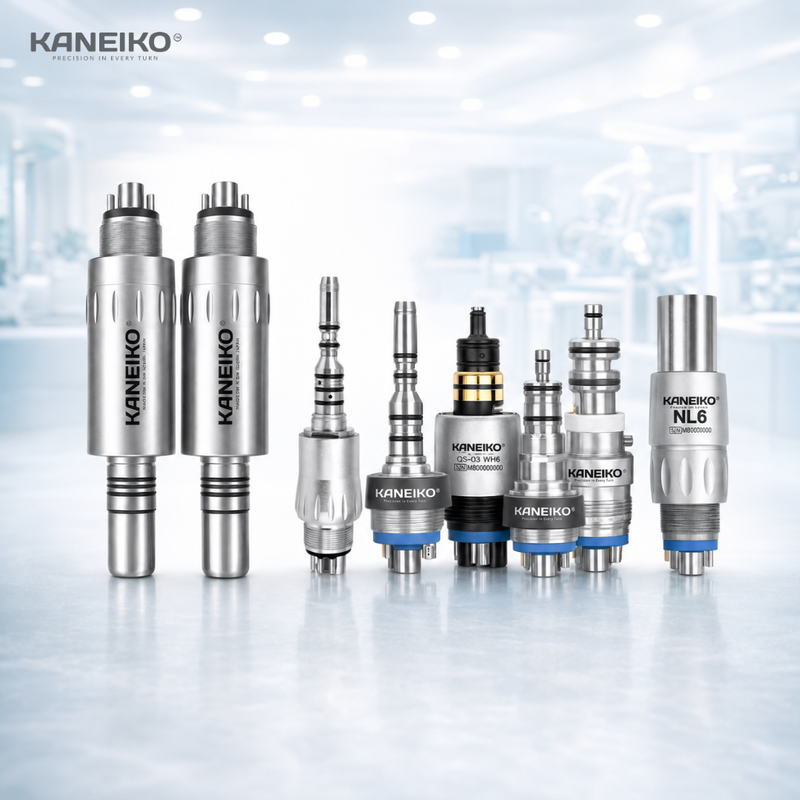 Kaneiko dental air motor and quick coupling range showing E-Type air motors and dental handpiece coupling systems for clinical use