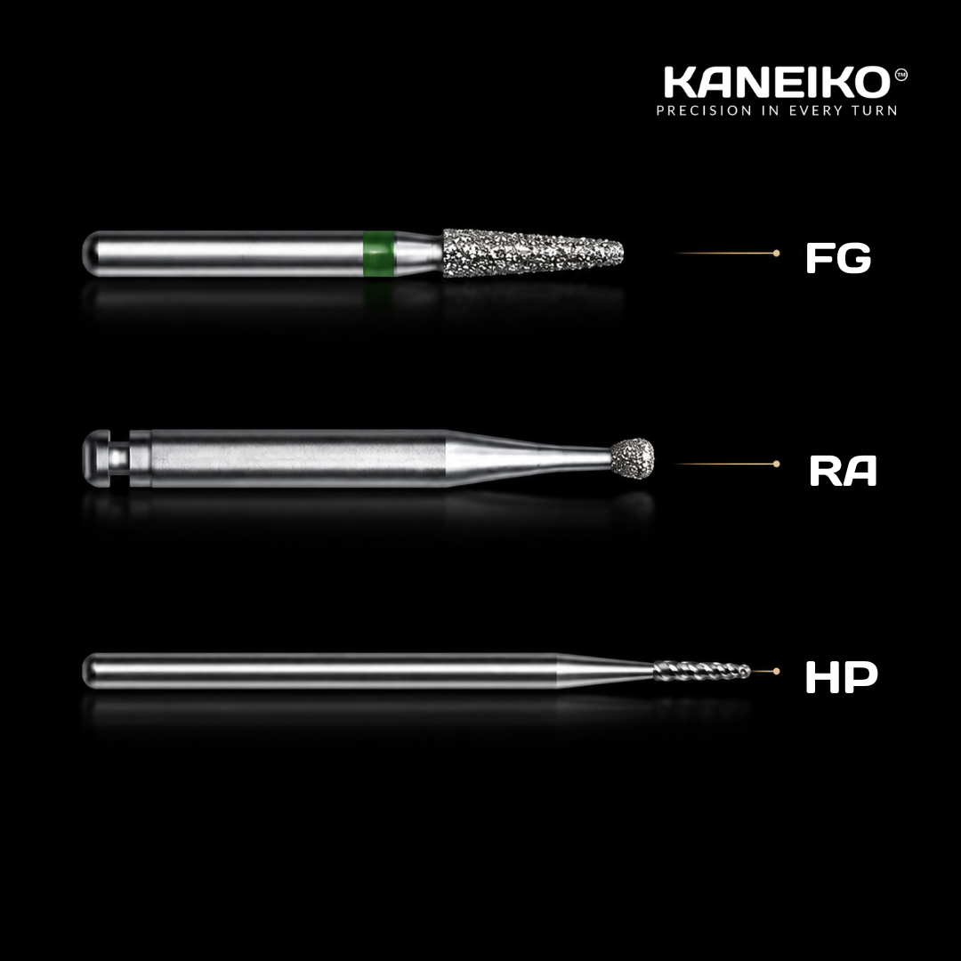 Kaneiko dental handpiece bur compatibility guide showing FG, RA and HP burs for different clinical handpiece systems