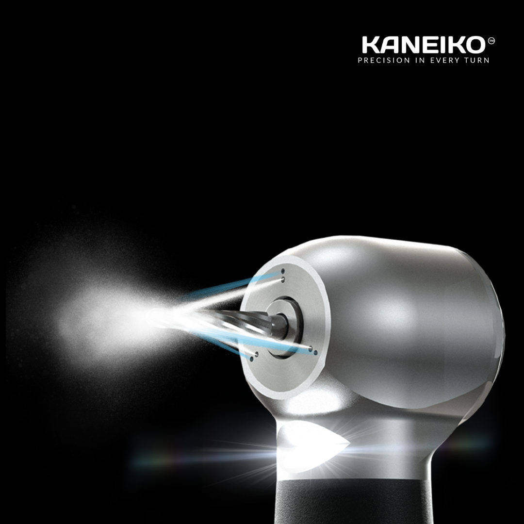 Kaneiko dental handpiece technology features with LED illumination, water spray cooling and precision turbine design on black background
