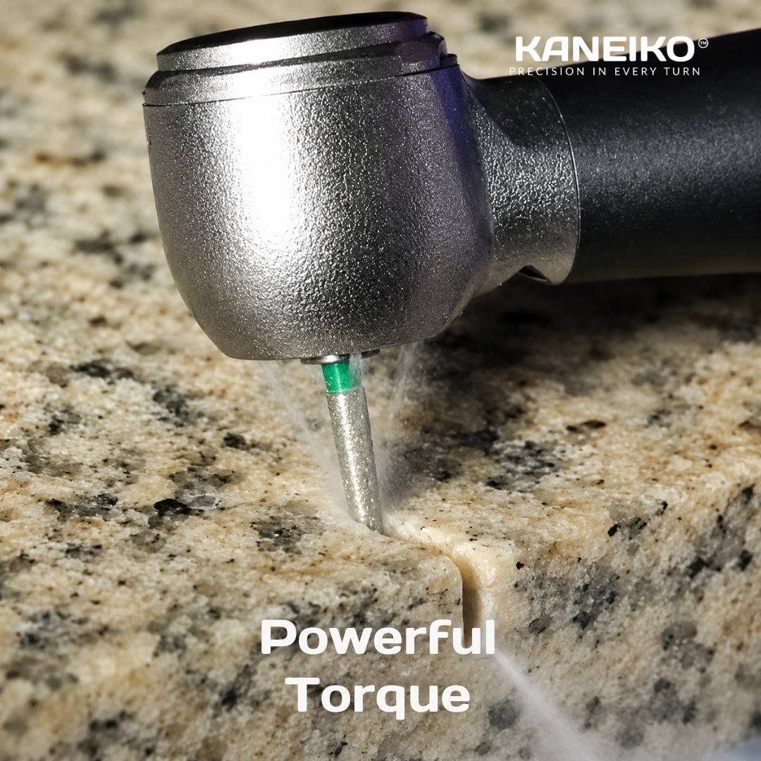 Kaneiko dental handpiece demonstrating powerful torque and stable cutting performance during high-speed material cutting procedure