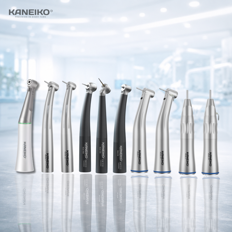 Kaneiko dental handpiece range showing high-speed air turbine handpieces, low-speed handpieces, surgical handpieces and straight handpieces