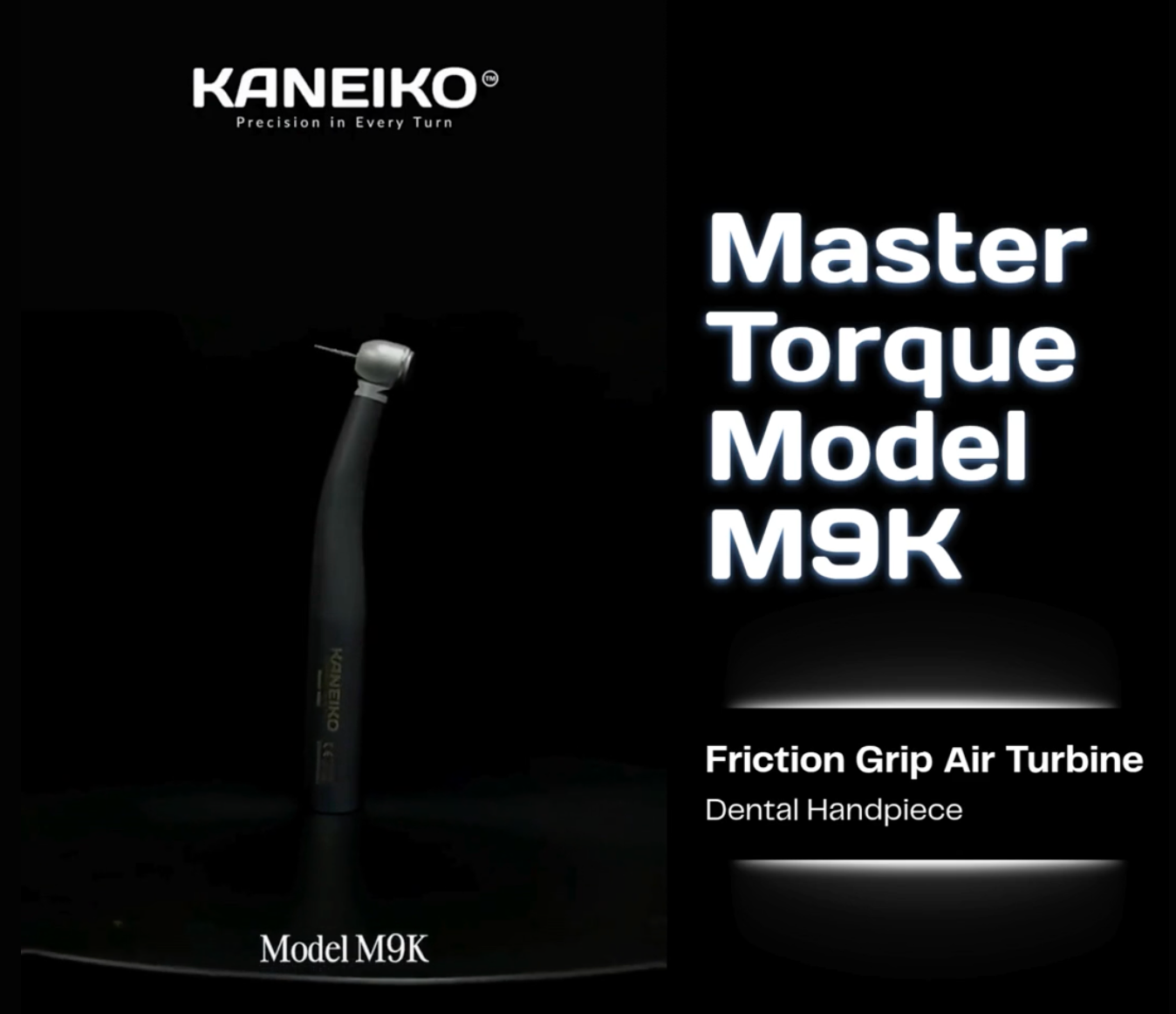 Kaneiko Master Torque Model M9K dental handpiece product video showing its titanium body, push-button chuck, four-port water mist cooling system and 360-degree rotating quick coupling.