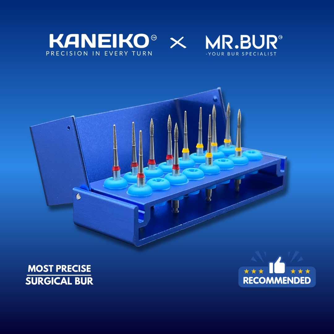 Blue dental bur holder with dental surgical burs on a blue background, featuring Kaneiko and Mr. Bur logos.