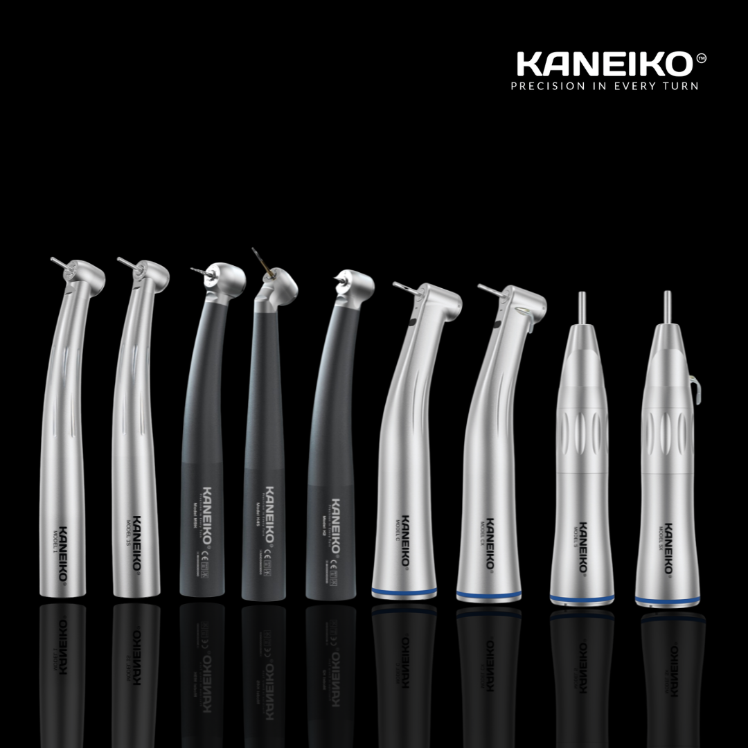 Kaneiko dental handpiece product range showing premium high-speed, low-speed and straight handpiece systems on black background
